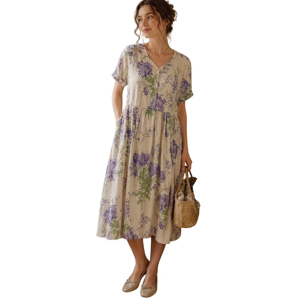 Vtg Serengeti Floral Dress Purple Hydrangea Cream Cotton Linen Cottagecore 3X